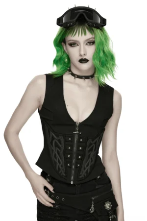 Black gothic segmented vest front view with green-haired model, cross-shaped metal zipper, and Celtic embossed motifs