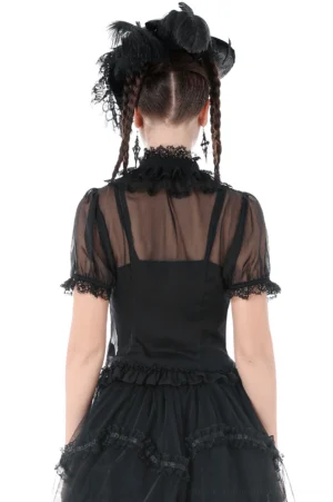 Back view of black sheer gothic lace blouse showing mesh sleeve construction and fitted waist