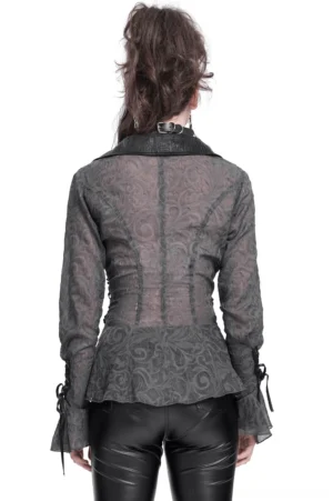 Black gothic sheer blouse with high collar and lace-up cuff details - rear full view