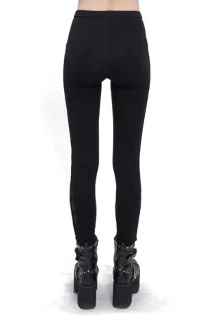 Black gothic leggings rear view on model, high-waisted close fit with lace-up side trim details