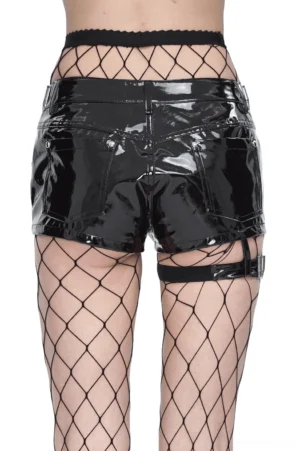 Black patent leather gothic shorts rear view showing back waist design and leg harness straps with fishnet stockings