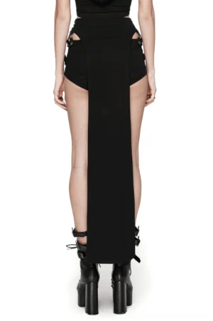 Back view of gothic punk shorts and detachable maxi skirt with dramatic tail on model