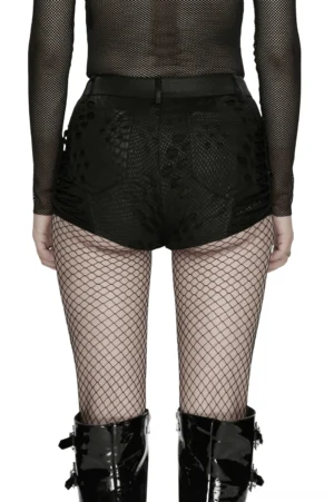 Black snake-print gothic shorts back view showing high-cut design and tattered mesh texture, rear half-body studio shot