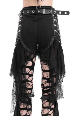 Gothic shorts rear view showing tulle draping and side chain hardware details
