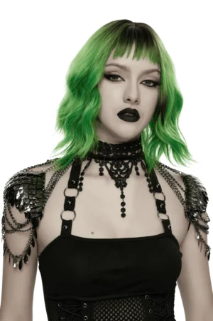 Gothic lace shoulder armor harness front half-body shot displaying adjustable halter straps and scale shoulder decorations in black