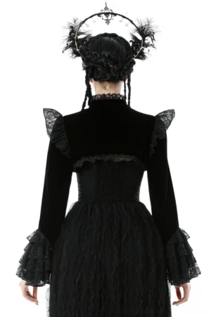 Back view of victorian gothic lace shrug showing high neck velvet bodice with ruffled bell sleeves and lace details