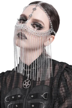 Silver chain gothic face veil headpiece with cross ornaments worn by model with dramatic gothic makeup, front view