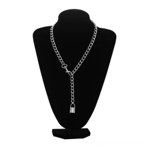 Silver padlock pendant choker necklace with Y-shaped lariat design displayed on black mannequin