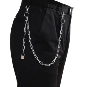 Gothic dual-layer silver punk pants chain with mixed metal links and lock pendant on black jeans, side profile view