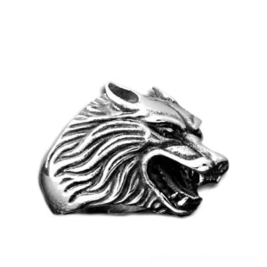 Gothic silver wolf head biker ring side profile view with detailed fur texture and fierce open-mouth snarl design