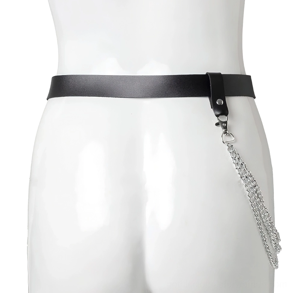 Back view of gothic single chain belt harness showing metal ring placement on right hip of dress form