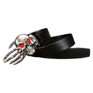 Wine red Gothic skeleton hand claw buckle belt with silver metal hardware and red gem accent, displayed flat on white background