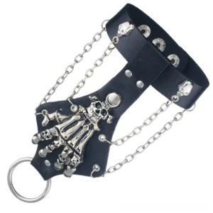 Gothic skeleton hand leather bracelet front view showcasing intricate skeleton decoration, dual hanging chains, metal rivets, and complete hand glove design