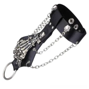 Unisex gothic skeleton hand chain leather bracelet with dual metal chains, displayed at oblique angle showing black leather wristband, skeleton embellishment, and silver chain details