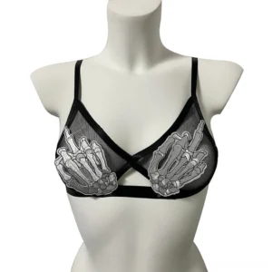 Gothic skeleton hand sheer bra front view with transparent mesh and embroidered patches