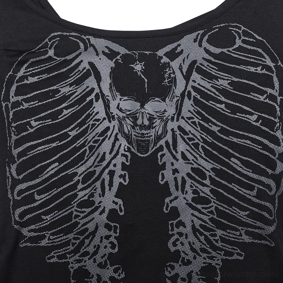 Close-up flat lay of grey skeleton and ribcage graphic print on black knit fabric showing textured three-dimensional print quality
