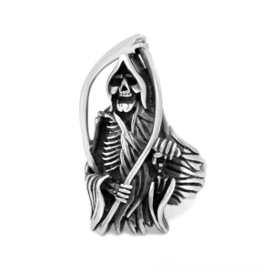 Gothic Grim Reaper skeleton ring stainless steel front view white background