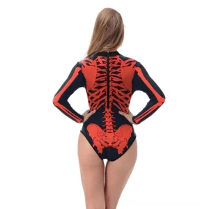 Gothic skeleton bathing suit back view with zipper closure on model