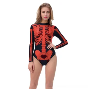 Gothic skeleton long-sleeve swimsuit black and red front view on model