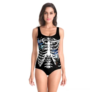 Black skeleton butterfly one-piece gothic swimsuit front view on model, 3D printed anatomical ribcage design with blue butterfly accents