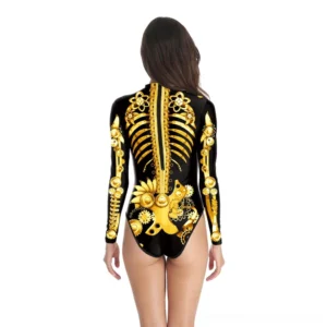 Back view of long-sleeve gothic swimsuit with gold metallic skeleton print, high-neck design, and back zipper detail