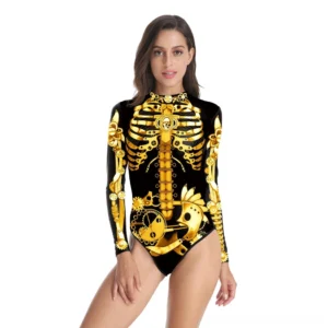 Women's long-sleeve gothic one-piece swimsuit with gold mechanical skeleton 3D print, high neck design, front view on model