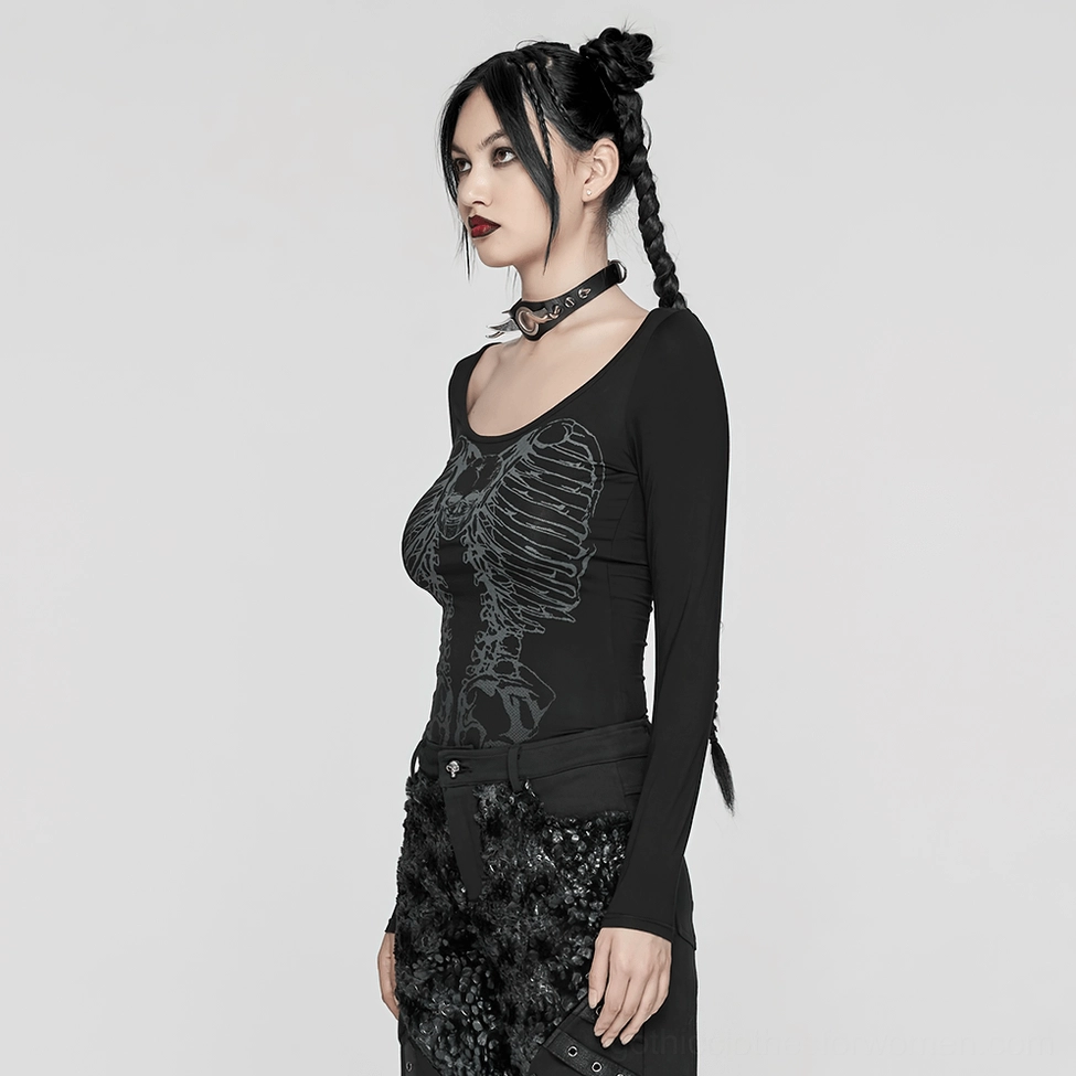 Female model wearing black skeleton gothic long sleeve top with scoop neckline and choker in three-quarter side profile view