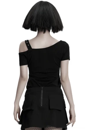 Asymmetrical black gothic skeleton tee back view on model, studded shoulder strap, full-body rear shot