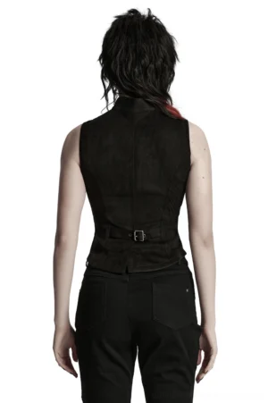 Black gothic buckle waistcoat rear view showcasing adjustable waist buckles, back mesh inserts, and slim-fitted silhouette, model wearing piece from behind
