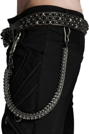 Gothic skeletal waist chain with skull and feather charms worn on male model, side close-up view against white background showing studded lobster clasp details