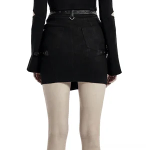 Black striped gothic skirt rear view displaying back patch pockets and hip harness straps, fitted punk alternative fashion piece