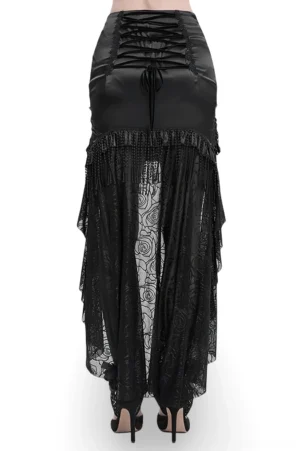 Rear view of lace-up black gothic skirt with tassel trim and sheer lace panel detail