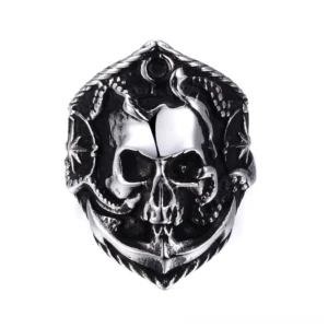Split skull nautical compass ring featuring oxidized silver metal with octopus tentacles, anchor motif and rope trim border