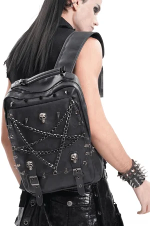 Black gothic skull backpack with pentagram chains and spike trim worn on male model, rear view showcasing full design