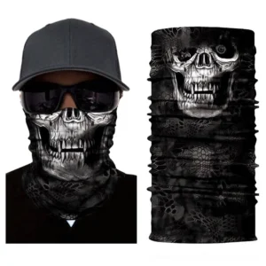 Black skull ghost balaclava neck gaiter worn on male model with sunglasses and cap, front head view demonstrating full face and neck coverage with silver skull print