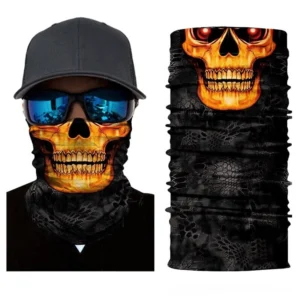 Golden skull gothic balaclava neck gaiter worn by model with sunglasses - frontal close-up view of black face cover with luminous skull design