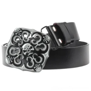 Black genuine leather skull gothic belt with vintage silver metal buckle, side oblique view showcasing the hollow-carved skull design and leather craftsmanship