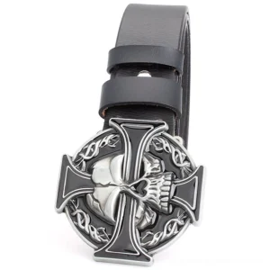 Black leather skull cross gothic belt side profile showing matte silver metal buckle and adjustable construction