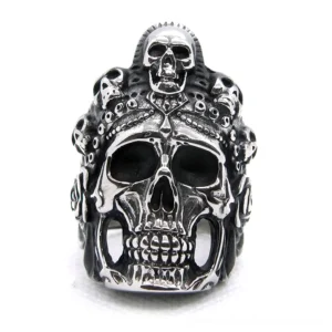 full front gothic skull statement ring with crown-decorated multiple small skulls, direct front view