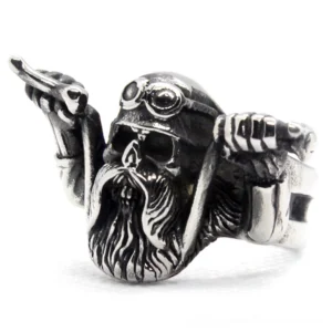 Memento mori skull biker ring front view - detailed 3D carved skeleton head with handlebar motorcycle motifs in antique silver stainless steel