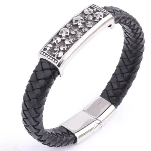 Magnetic stainless steel clasp detail on gothic leather skull wrap bracelet