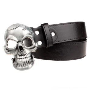 Gothic skull metal buckle leather belt side view - large iron skull buckle on black leather strap