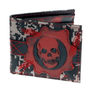 Gothic skull camo bifold wallet front three-quarter view with embossed red skull gear logo and red contrast stitching on white background