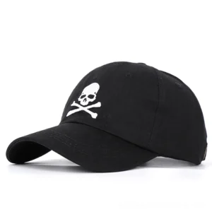 Black gothic skull baseball cap with embroidered skull and crossbones design, side front view