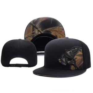 Skull embroidery gothic baseball cap with camouflage design, front and back view, flat brim snapback closure