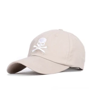 Khaki beige gothic skull baseball cap with embroidered skull crossbones, side view alternative color