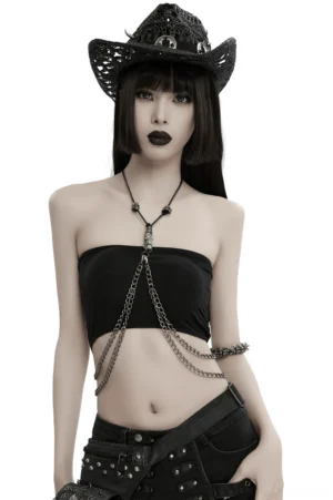 Silver skull chain body harness front view on gothic model with cowboy hat, layered metal chains with black neck cord