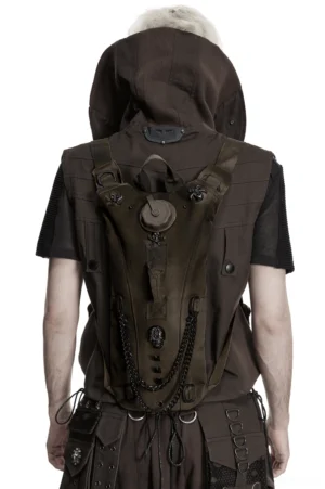 Male model wearing dark coffee gothic skull chain tactical hydration backpack - full rear view showcasing metal skull emblem and chain decorations