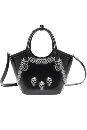 Black gothic skull chain tote bag with silver pentagram accents and three skull charms, front flat lay view