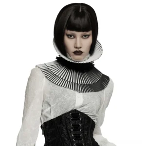 Gothic detachable bow choker worn with matching lace corset and sheer shirt, alternative fashion styling